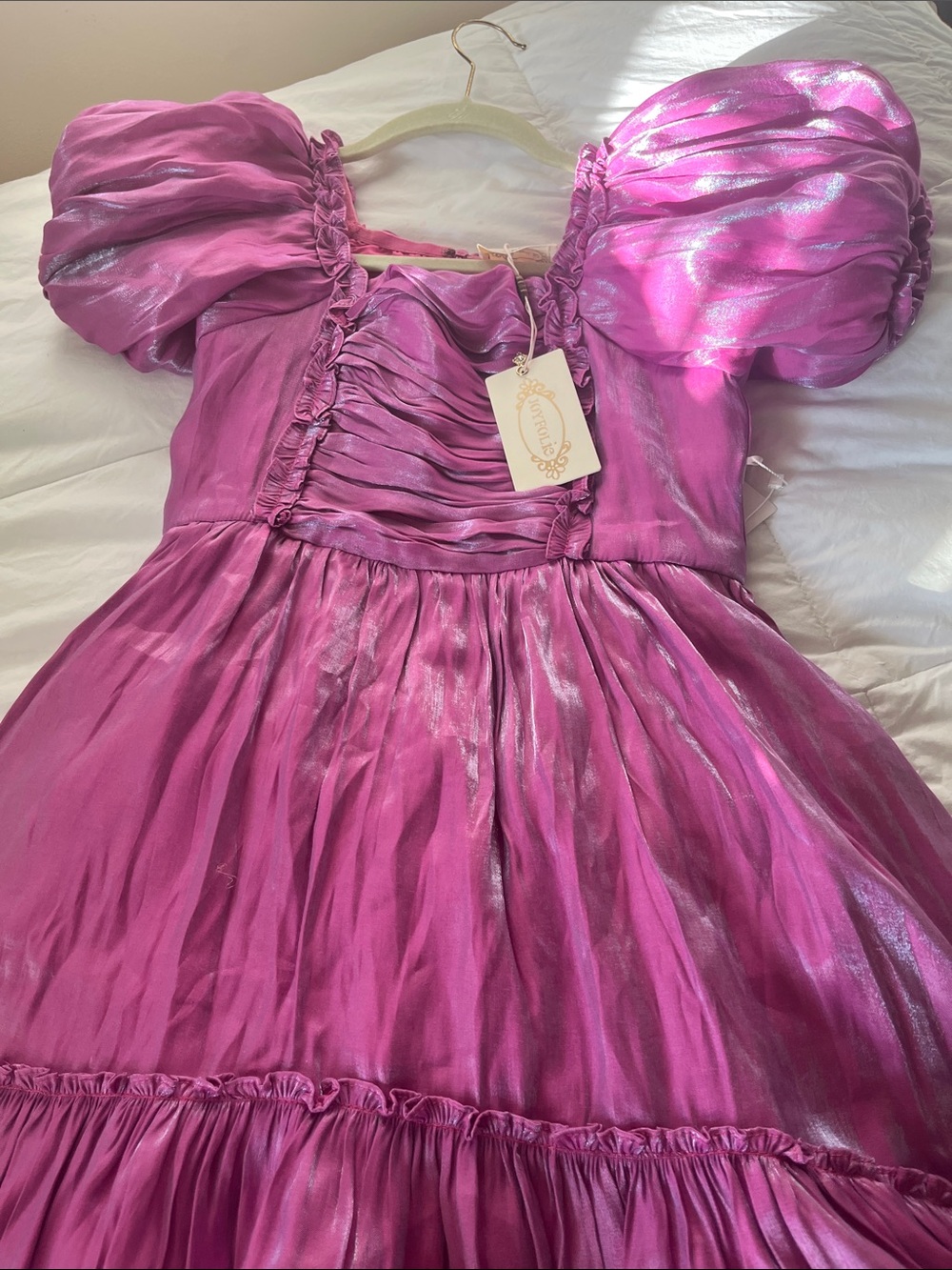 New Shimmering Puff Sleeve Fuchsia Dress